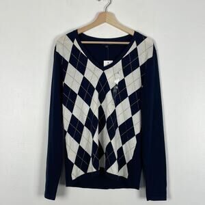Tommy Hilfiger Long Sleeve V Neck Argyle Women's L Pullover Preppy Sweater